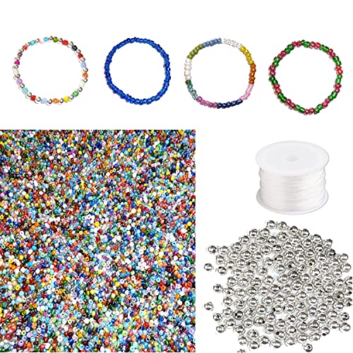 Seed Beads 4mm 6/0 Glass Pony Beading DIY Craft Jewelry Making Assorted Mixed Colors, Large Bulk Set of Beads (Kit - Beads & Stretch Cord)