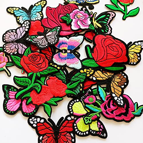 MISDONR 25pcs Rose Flowers Butterfly Embroidered Patches Iron On Patches Applique for Clothes Jackets Jeans Pants Backpacks
