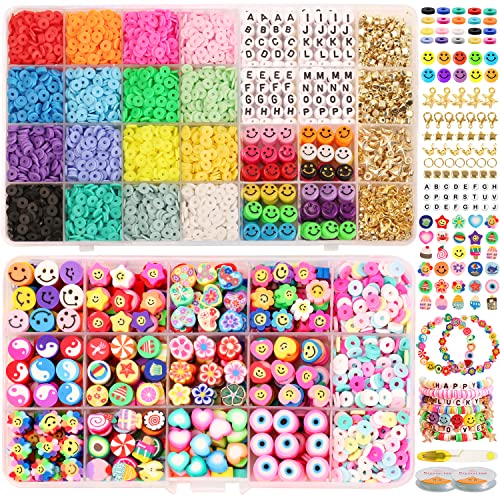 UHIBROS 7230pcs Polymer Clay Beads for Jewelry Making Letter Beads and 13 Styles Mixed Flower Smiley Face Trendy Beads, DIY Arts and Crafts Kit for Girls Ages 8-12