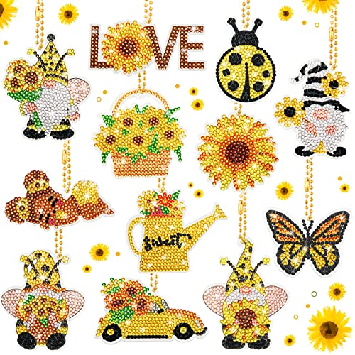 BBTO 12 Pcs Sunflower Gnome Diamond Painting Keychains 5d Diamond Key Chain Kit DIY Diamond Art Keychains for Beginners Kids Adults DIY Key Ring Pendant Summer Crafts Making, yellow