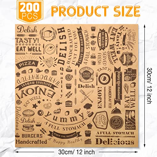 Deli Wax Paper Sheets Grease Resistant Tray Basket Liners Square Hot Dog Wrappers White Newsprint Paper Water and Grease Proof Sandwich Wrapping Paper for Food Baking, 12 x 12 Inch (200, Brown)