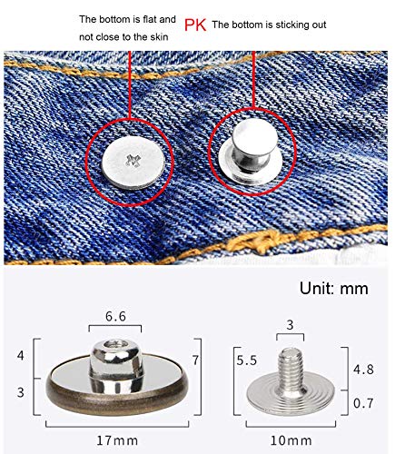 12 Pcs Button for Sewing Metal Jeans ,ICEYLI 17 mm No-Sew Nailess Removable Metal Jeans Buttons Replacement Repair Combo Thread Rivets and Screwdrivers