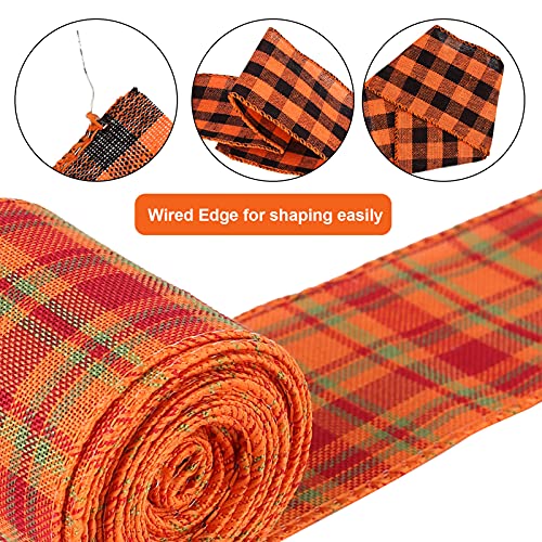 6 Rolls 30 Yards Fall Burlap Ribbon, 2.5″W Buffalo Plaid Wired Edge Ribbon with Pumpkin Pattern Thanksgiving Theme Craft Ribbon Rustic Autumn Harvest Ribbon for Wrapping Gifts Making Wreath Bow