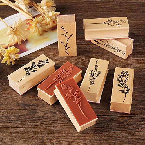 Pack of 8 Pcs Plant and Flower Shape Wooden Rubber Stamps 2.5 Inch x 1 Inch x 0.6 Inch for DIY Craft Card and Photo Album (8Pcs Plant & Flower-02)