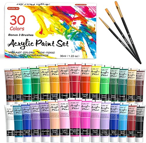 Acrylic Paint Set, Shuttle Art 30 Colors Acrylic Paint in Tubes (36ml) with 3 Brushes, Artist Grade Paint, Rich Pigments, Non-Toxic for Artists, Beginners and Kids on Rocks Crafts Canvas Wood Fabric
