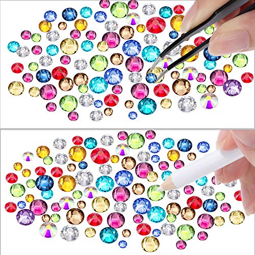 TecUnite 2000 Pieces Flat Back Gems Round Crystal Rhinestones 6 Sizes (1.5-6 mm) with Pick Up Tweezer and Rhinestones Picking Pen for Crafts Nail Face Art Clothes Shoes Bags DIY (Multicolors)