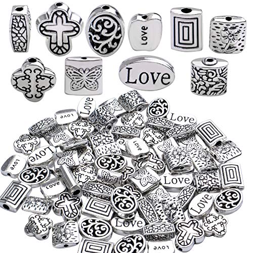 100g (About 70-120pcs) Antique Silver Spacer Beads Mixed Small Tibetan Loose Beads for Bracelet Necklace Jewelry Making,5-12mm