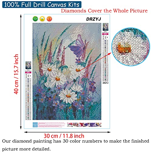 DRZYJ Diamond Painting Kits for Adults, Daisy Flowers Plants Butterfly 5D DIY Round Full Drill Cross Stitch Crystal Rhinestone Embroidery Paintings Arts Crafts 11.8x15.7 inches