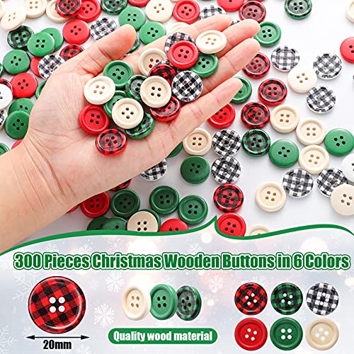 Luinabio 300 Pieces Christmas Buffalo Plaid Wood Buttons 4 Holes Black Red Wooden Buttons Gingham Craft Buttons Round Decorative Buttons for DIY Sewing Christmas Stocking Decor 0.79 Inch 6 Style
