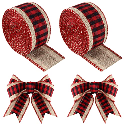 2 Rolls Christmas Buffalo Plaid Ribbons Burlap Wired Edge Plaid Ribbons Check Gingham Fabric Craft Ribbon for DIY Bows Wrapping Decoration, 6 Yards Long Each (Black-Red,1.5 Inch Width)