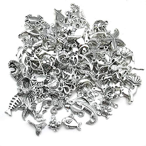 120g(100pcs) Antique Silver Sea Animals Marine Life Charms Pendants for Crafting, Jewelry Findings Making Accessory for DIY Necklace Bracelet (M292)
