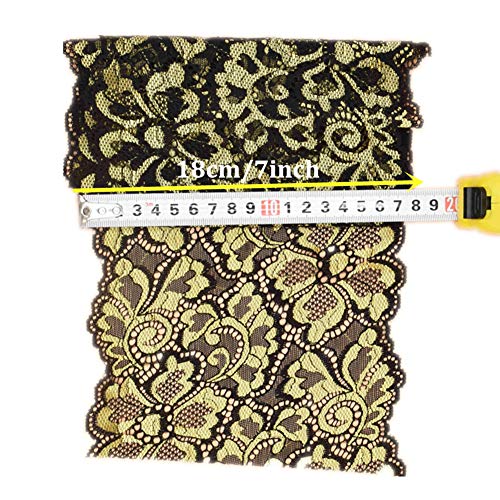 5 Yards Metallic Floral Lace Ribbon Stretch Tulle Lace Trim Elastic Nigerian African Fabric Width 7 Inch for DIY Craft Jewelry Making Clothes Accessories Gift Wrapping Wedding Party Decor (Gold)