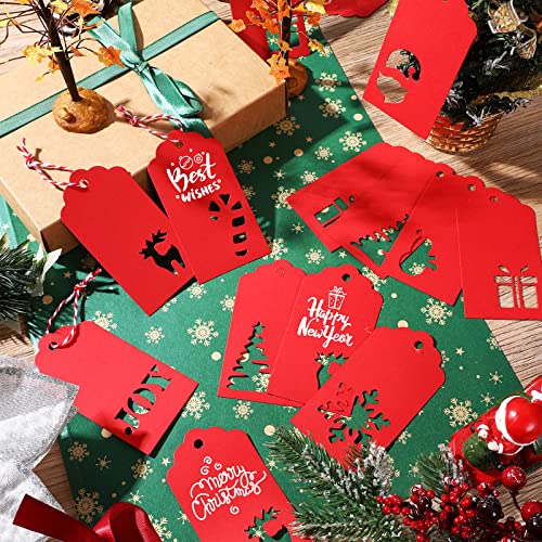 160 Pieces Christmas Tags Hollow Out Kraft Paper Gift Tags with Holes Christmas Tree Snowflake Reindeer Kraft Tags Holiday Labels for Gifts Present Name DIY Xmas Crafts, with 3 Meters Twine (Red)