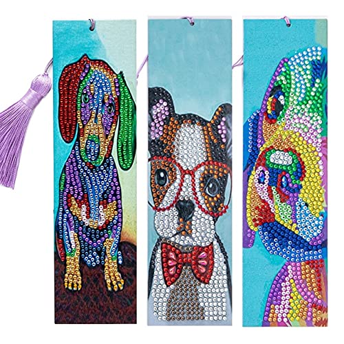 3 Pieces Diamond Painting Kits Cartoon Dog Bookmarks with Tassel DIY Leather Bookmark Art Craft 5D Special Shaped Crystal Paint by Numbers for Adults Kids Students Gift (6x21cm)