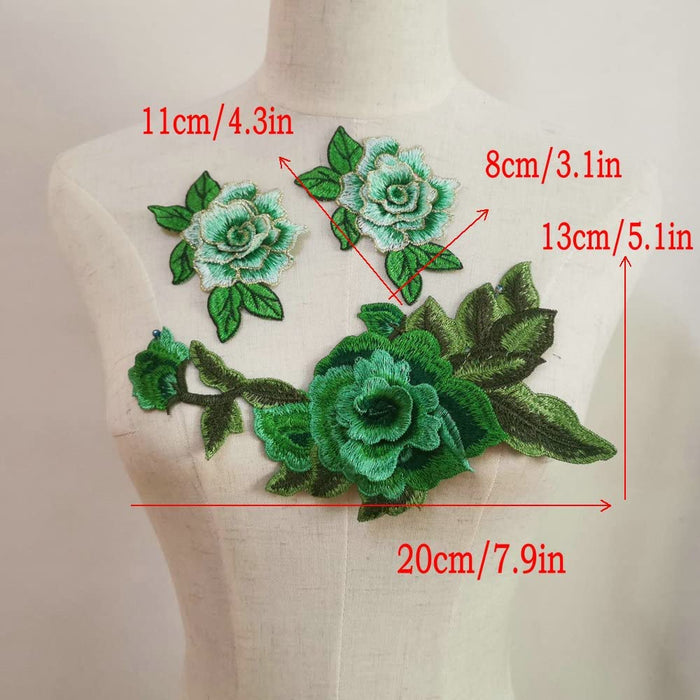 1 Pair Embroidery Rose Flower Sew On Patch Dress Hat Bag Jeans Applique Crafts Clothing Accessories DIY (Green)