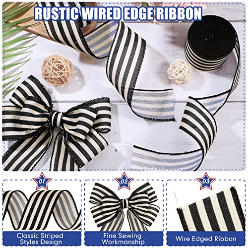 2 Rolls 20 Yard Black and White Stripes Wired Edge Ribbon Rustic Ivory Ribbon Boho Ribbon for DIY Crafts Home Decor Gift Wrapping Bow Wreath Making Christmas Wedding Party Decorations (2 Inch)