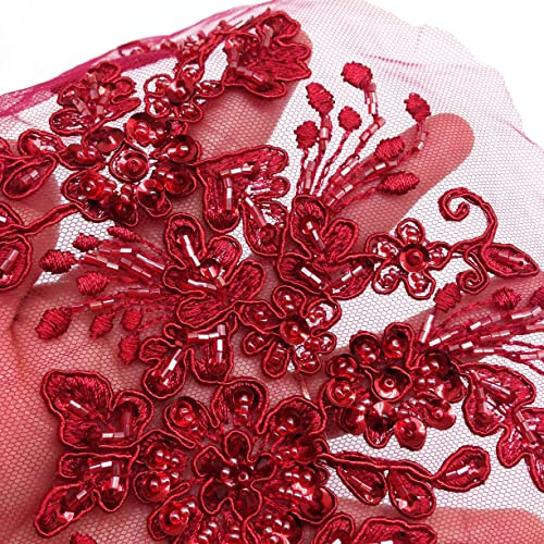 PEPPERLONELY 3D Flower Embroidery Patches Bridal Lace Sewing Fabric Applique Beaded Pearl Tulle, Wine, 24 x 16cm