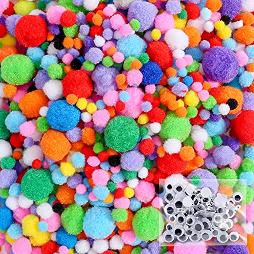 Caydo 1400PCS 5 Sizes Multicolor Pom Poms Assorted Pompoms Balls with 4 Sizes Wiggle Eyes for Kids Creative DIY, Crafts Projects Making and Valentine's Day Decorations
