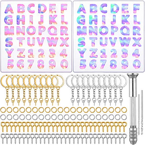 2 Pieces Alphabet Letter Resin Molds Backward Kit, Reusable Letter Number Silicone Resin Mold for Epoxy Casting with Keychain, Pin Vise Hand Drill Set for DIY Making Keychain Pendant Jewelry Art Craft