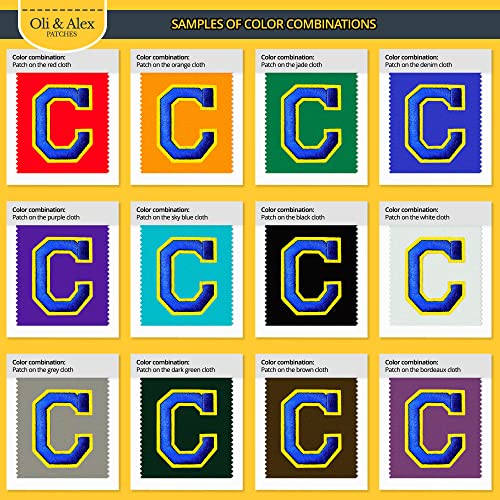 Oli and Alex Iron On Letters 2.4 inch - 7 pcs of C Blue Patches Letters for Clothing - Super Glue - No sew Needed - Embroidery Alphabet Football Team School University - Blue on Yellow, C