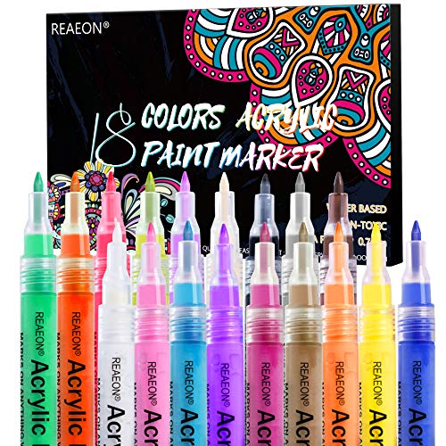 Acrylic Paint Pens, Paint Marker for Rock Painting, 18 Colors Permanent Acrylic Markers Fine Tip Ideal for Craft, Glass, Fabric, Ceramic and More