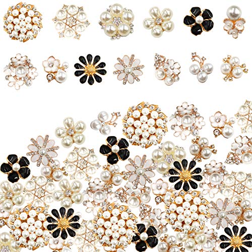 Arogheiz 52 Pcs Pearl Rhinestone Buttons Flat Back 13 Style Floral Embellishments Pearl Brooches for DIY Crafts Jewelry Making Clothes Shoes Wedding Party Gift Card Decor