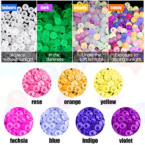 1203 Pieces Glow in The Dark Beads UV Plastic Pony Beads UV Hair Beads for Girls with 500 Pieces Mixed Color Elastic Hair Bands 3 Pieces Quick Beader for Bracelet Jewelry Making Supply, 8 mm