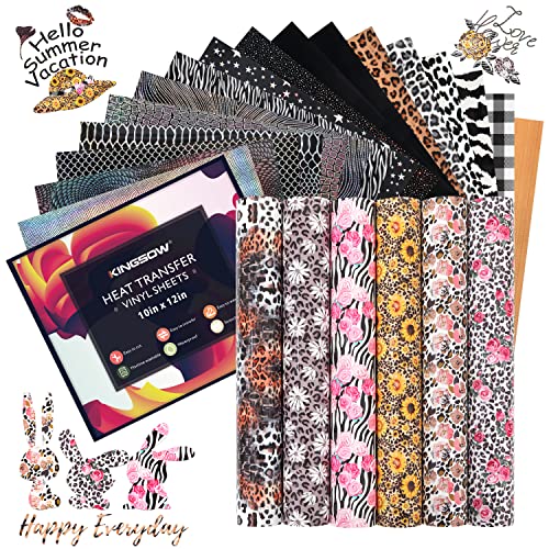 KINGSOW Black Heat Transfer Vinyl: 22 Pack 12x10 Inch Leopard Cheetah Print Black HTV Bundle Holographic Floral Pattern Iron on Vinyl Sheets for Cricut