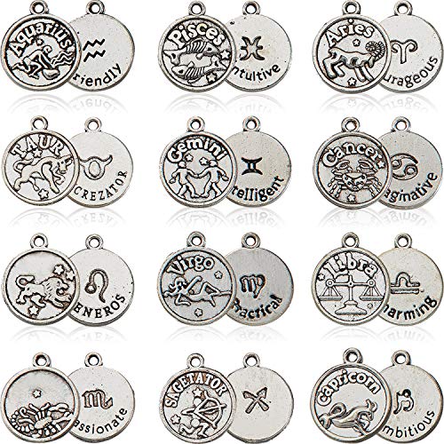 Hicarer DIY Zodiac Charm Set Zodiac Charm for Jewelry Making, 84 Pieces/ 7 Sets (Silver)