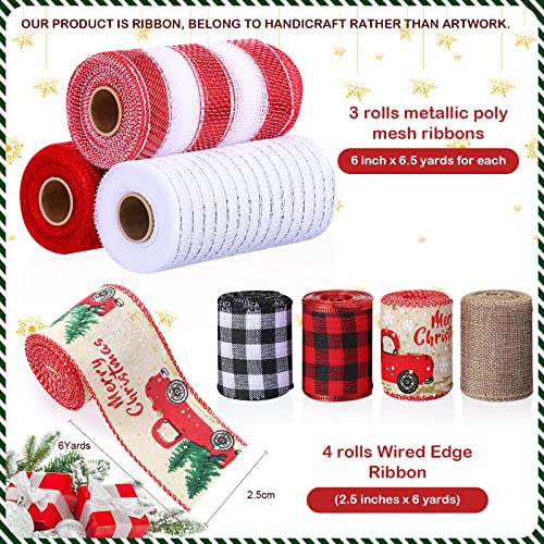 7 Rolls Christmas Ribbon Christmas Mesh Ribbon Red Green Plaid Christmas Ribbons for Wreaths Holiday Decorative Ribbon for DIY Craft Indoor Outdoor Decoration (Fresh Style)
