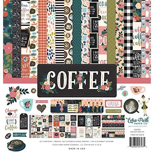 Echo Park Paper Company Coffee Collection Kit paper, 12-x-12-Inch, Pink/Green/Red/Navy/Blue/Teal/Black