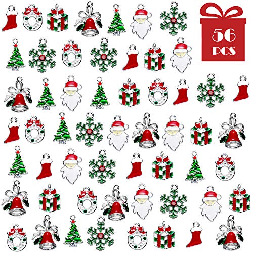 56 Pieces Christmas Charms Pendants Enamel Christmas Tree Snowflake Bell Garland Santa Sock Gift Box Pendants for Necklace Bracelet Keychain Jewelry Making DIY Crafts