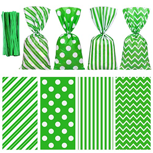 Aneco 100 Pack Green and White Cellophane Bags Plastic Candy Bags Gift Bags Goodie Bags with Twist Ties for Valentine, Birthday, Gift Cookie Snack Packing Party Favor Supplies
