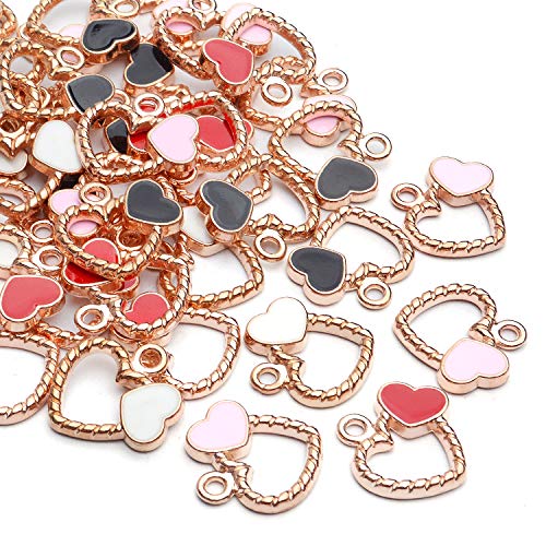 Aylifu Heart Charms Pack,40pcs 18x18mm Gold Plated Enamel Heart Charms Hollow Heart Pendants Jewelry Accessories for Necklace Bracelet Crafts DIY,Black White Red Pink