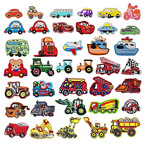 Woohome Car Iron on Patches Excavator, Racing car, Fire Truck Iron on Patches, 40 PCS Car Sew-on Applique Sew On Patches for Kids DIY Crafts Clothing Jeans Jackets Bags Iron-on Repair Kit