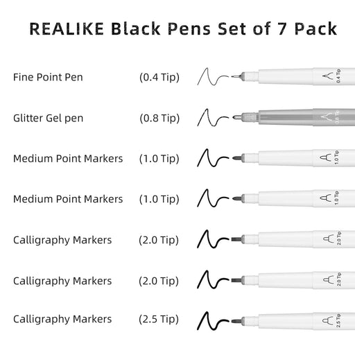 REALIKE Variety Pens for Cricut Maker 3/Maker/Explore 3/Air 2/Air,Black Pens Set of 7Pack Include Fine Point Pen,Glitter Gel, Marker, Calligraphy Writing Drawing Pens Compatible with Cricut