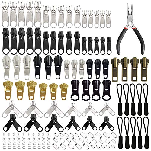 EuTengHao 169Pcs Zipper Repair Kit Zipper Replacement Zipper Pull Rescue Kit with Zipper Install Pliers Tool and Zipper Extension Pulls for Clothing Jackets Purses Luggage Backpacks (Silver and Black)