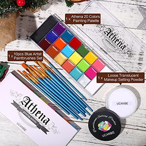 UCANBE Athena Face Body Paint Oil Palette + Translucent Setting Powder + 10PCS Brushes Set, Professional Non Toxic Face Painting Pallet Kit for Halloween SFX Cosplay Clown Makeup for Women Adults