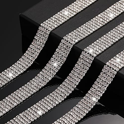 3 Yards 5 Rows Silver Crystal Rhinestone Close Chain with 3 mm Rhinestones Trim Sewing DIY Jewelry Crystal Chain for Wedding Home Party Crafts Making (White)
