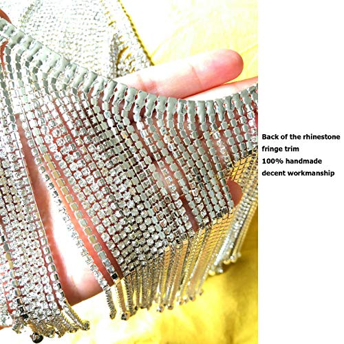 Dowarm 0.5 Yard Crystal Rhinestone Fringe Trim Silver Long Tassel Fringe Applique Trim Diamond White Crystal Chain Trim for Crafts Clothes Bridal Bouquet