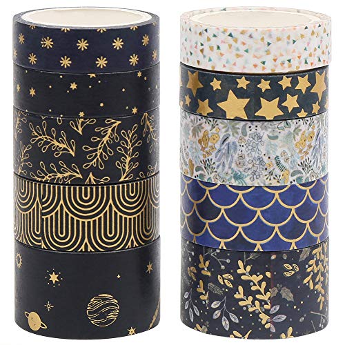 CCINEE Black Gold Foil Washi Tape,Floral Decorative Masking Tapes for Bullet Journal Scrapbook Planner Art Craft,10 Rolls