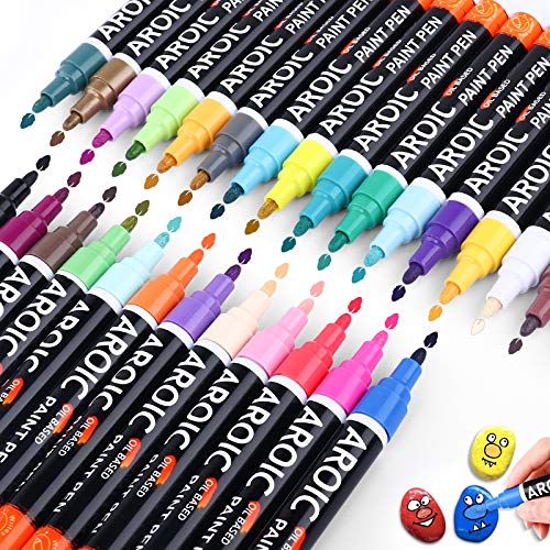 AROIC Paint Pens for Rock Painting - Write On Anything. Paint pens for Rock, Wood, Metal, Plastic, Glass, Canvas, Ceramic & More! Low-Odor, Oil-Based, Medium-Tip Paint Markers (28 Pack)