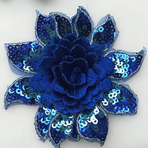 3D Flower Sequins Lace Applique Charming Blue / Purple / Rose red Color Embroidered Fabric Trim DIY Sewing Craft 2 Pieces 8X7.5cm