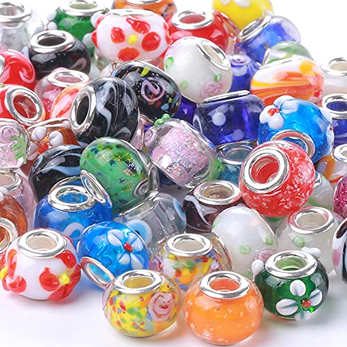 Weebee Murano Glass Beads Large Hole Beads European Lampwork Spacer Beads Silver Plated Cores Bracelet Charms for Jewelry Making 50 Pcs Mix