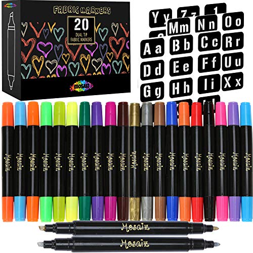 Mosaiz Dual Tip Fabric Markers, 20 Chisel and Fine Tip Markers Fabric Paint Pens for Fabric Decorating with Gold and Silver Colors including Numbers and Letter Stencils