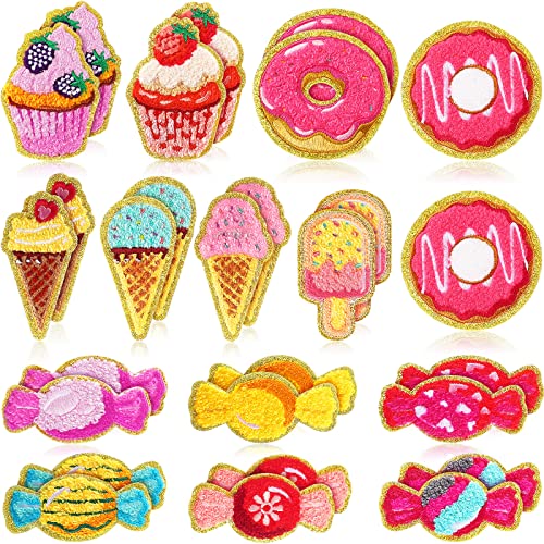 28 Pieces Self Adhesive Chenille Patches Chenille Candy Cream Patches Chenille Cupcake Patches Self Adhesive Pink Varsity Patch for Backpacks Girl's Clothes