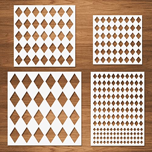 Diamonds Stencils, 4 Pcs Harlequin Stencils Repeating Pattern Assorted Sizes Reusable Plastic Templates for Painting on Wall Wood Cabinet Pillows Card Making Door Home Decor