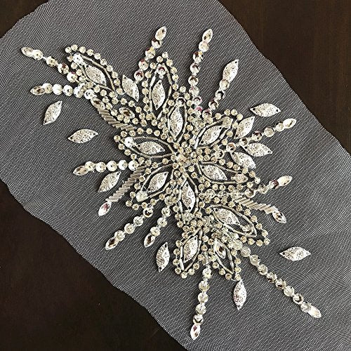 Exquisite Uniquely Pure Handmade Bright Crystal Patches Sew-on Rhinestones Applique with Stones Sequins Beads for Wedding Dress DIY Manual Accessories Belt Chest Waist Decoration (Silver)