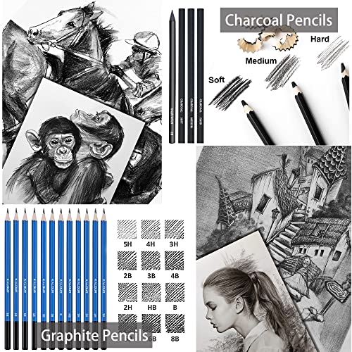 KALOUR Sketching Pencil Set(34 Pack) - includes Sketchbook - Zippered Travel Case - Sketch Pencil,Charcoal Pencil,Blending Paper,Eraser - Art Drawing Supplies for Beginner, Kids,Adults