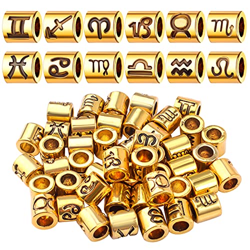 60pcs Antique Gold Zodiac Spacer Beads Alloy 12 Constellations Tube Charm Beads with 4.7 mm Large Hole Horoscope Beads for European Bracelet Jewelry Making Findings